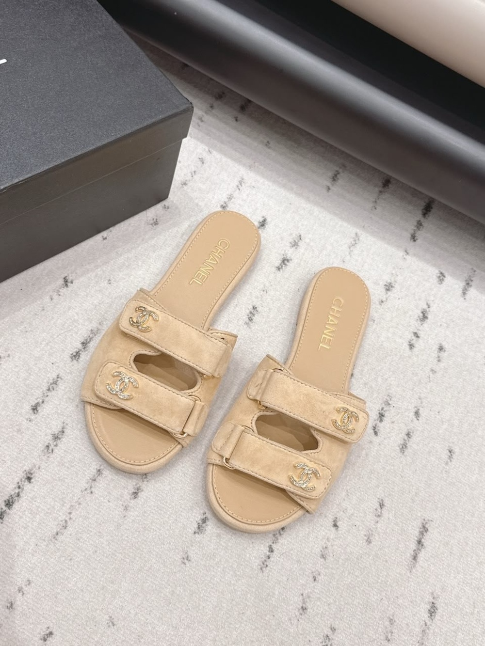 Tan Suede Double-Strap Slide Sandals with Gold CC - Picture 3 of 3